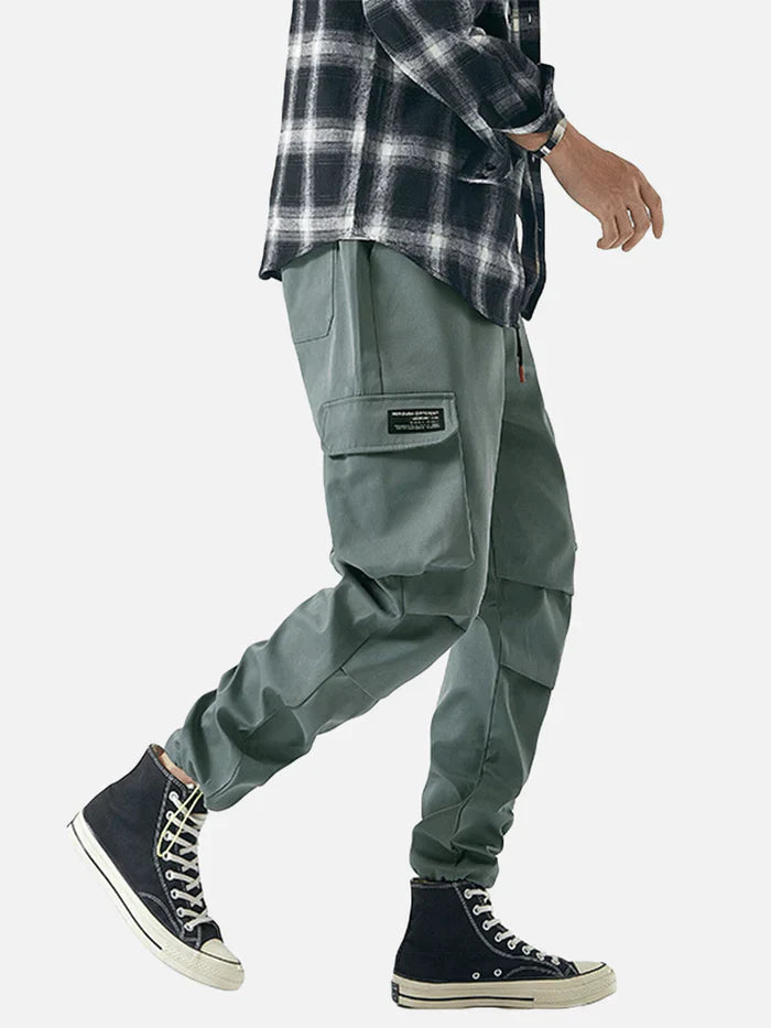 Cotton Drawstring Cuff Cargo Pants with Multi Pockets