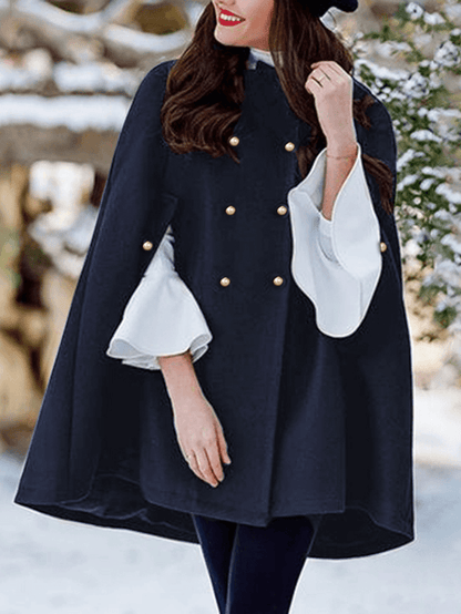 Women Solid Color Pleats Double Breasted Cloak Coats