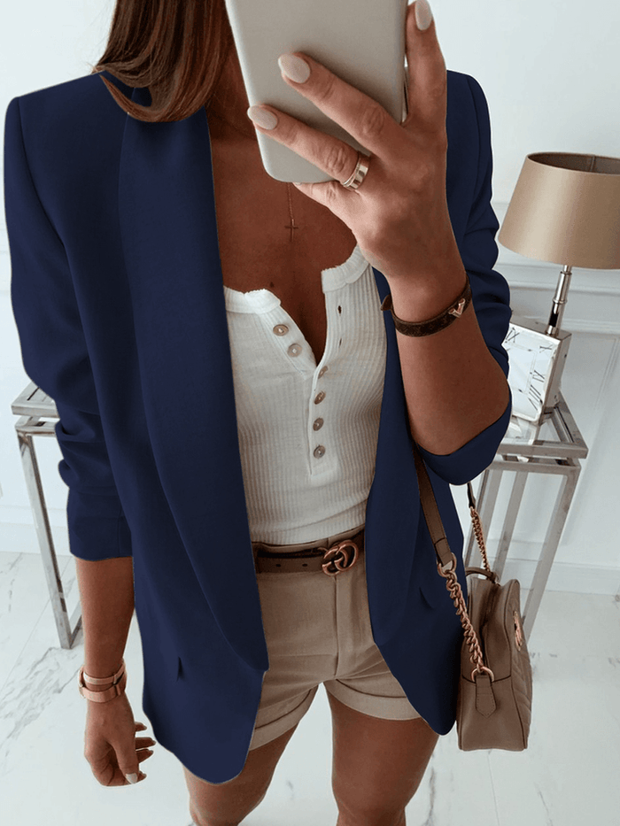 Women Solid Color Pocket Shawl Collar Elegant Long Sleeve Blazers